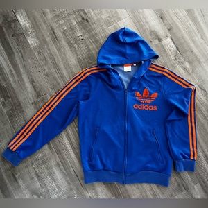 Adidas archive reproduction vintage-inspired zip hoodie jacket big logo. Blue